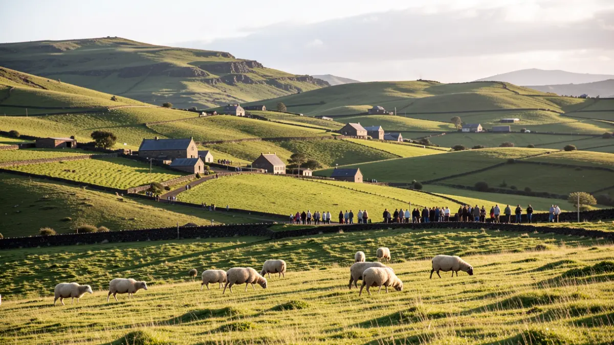 Generic image of a livestock landscape in Canarias with green hills and farm buildings.