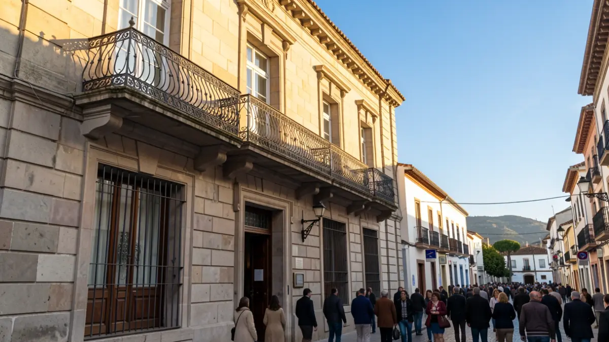 Fachada de piedra de un edificio institucional canario con balcón de hierro forjado bajo la luz del sol.