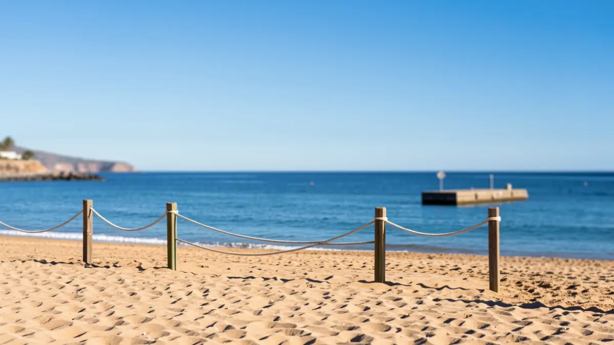 Generic image of a cordoned-off beach area near a small pier in the Canary Islands.