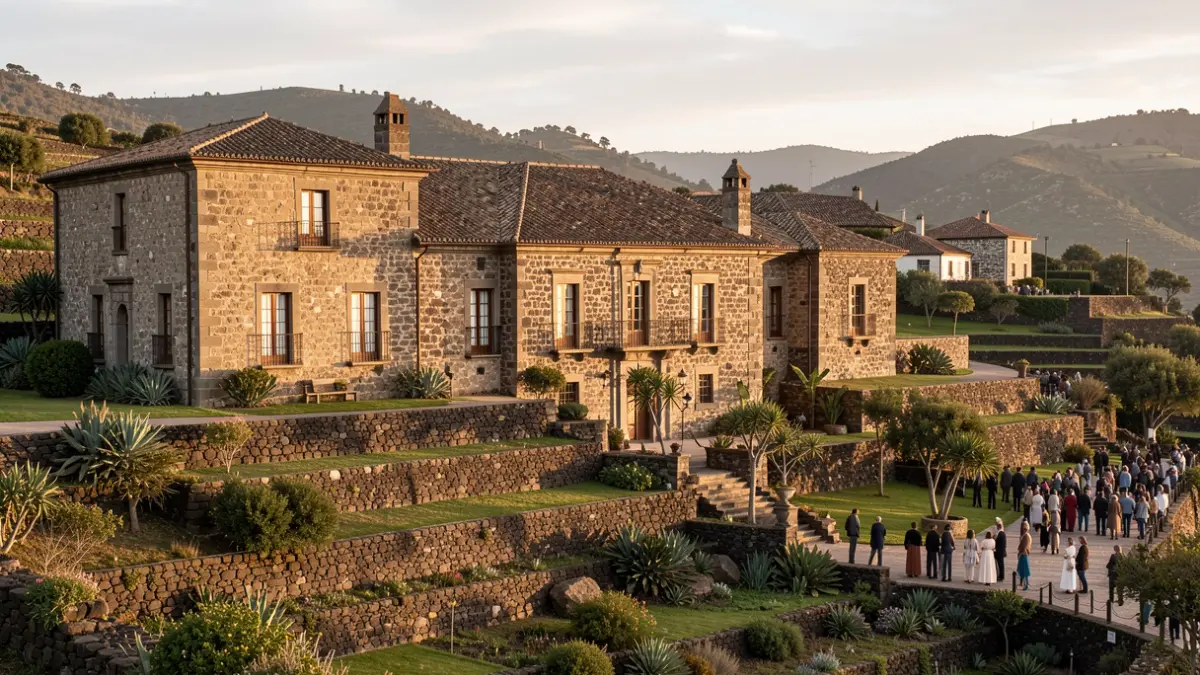Stone facade of a historic hacienda in the Canary Islands with traditional terraced landscape.