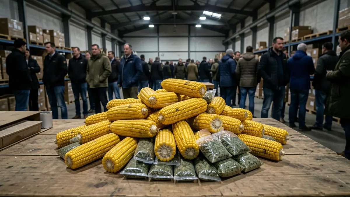 Paquetes de hachís ocultos entre piñas de maíz en un almacén.