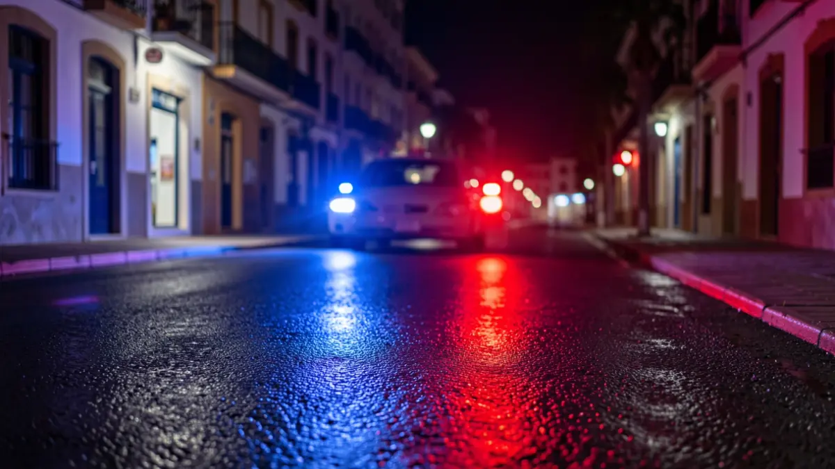 Generic image of police emergency lights reflecting on asphalt at night.