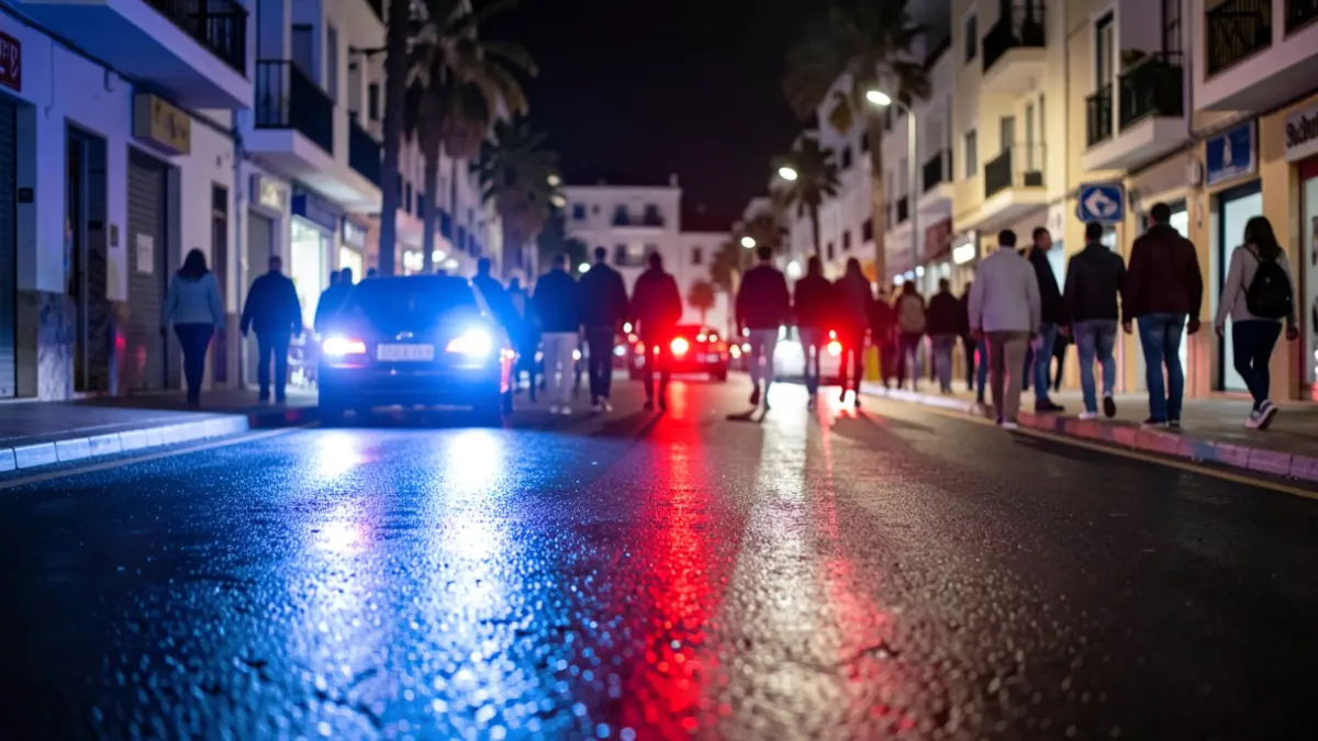 Generic image of police emergency lights reflected on asphalt.