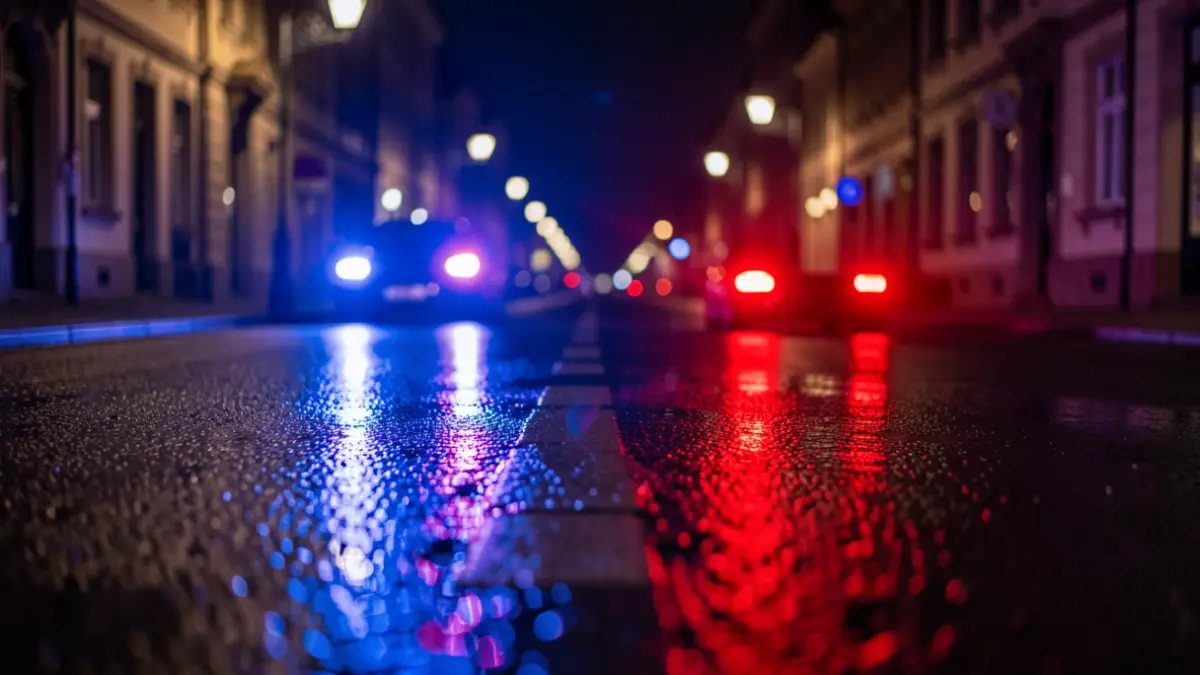 Imagen genérica de luces de emergencia policiales reflejadas en el asfalto.