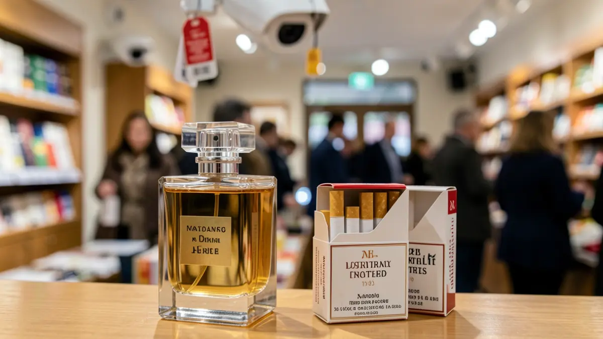 Imagen genérica de productos de perfumería y tabaco, objetos comúnmente sustraídos en hurtos.