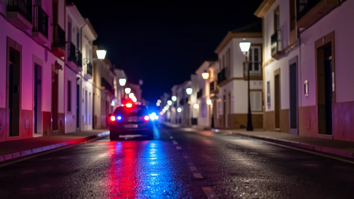 Imagen genérica de luces de emergencia policiales reflejadas en el asfalto durante la noche.