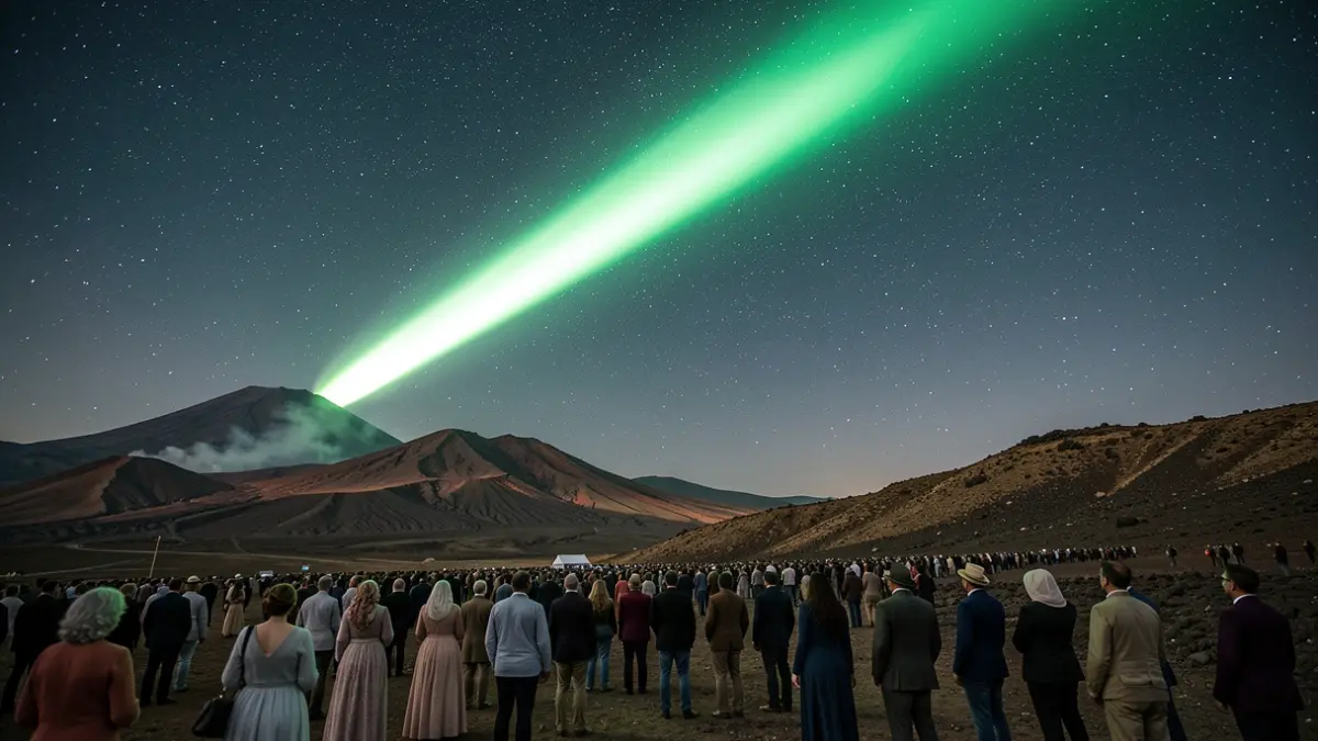 Generic image of a green meteor crossing the night sky over a volcanic landscape.