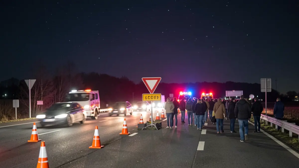 Generic image of roadworks on a highway at night with diversion signage.