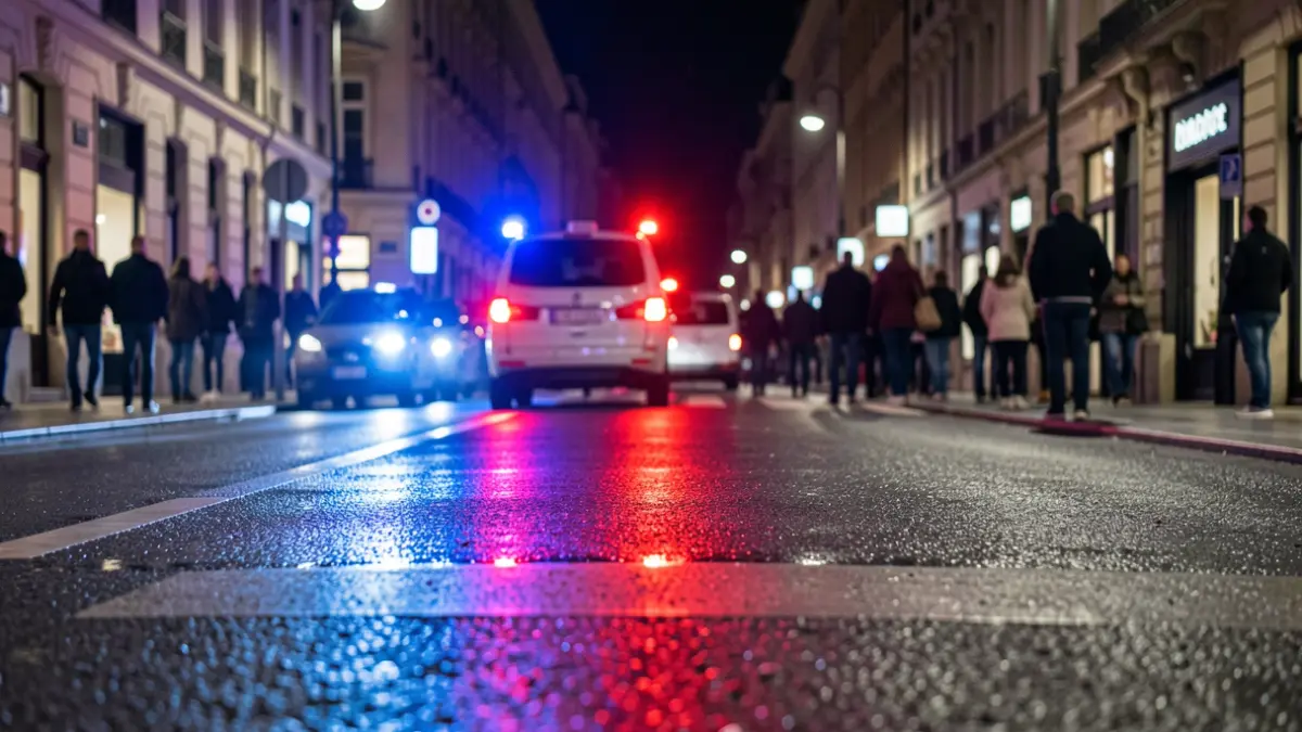 Generic image of police emergency lights reflecting on asphalt at night.