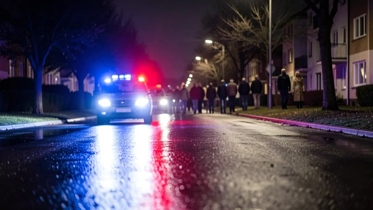 Generic image of police emergency lights reflecting on wet asphalt at night.