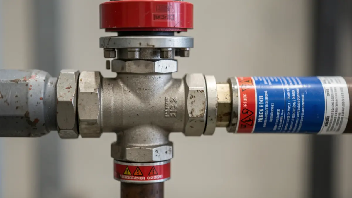 Detail of industrial hydraulic material, such as valves and pipes.