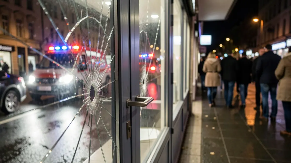 Generic image of a broken store door at night with emergency lights.