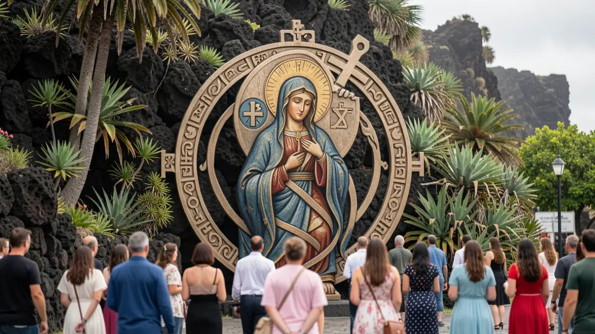Imagen simbólica que fusiona iconografía virreinal y prehispánica, con elementos de la naturaleza canaria.