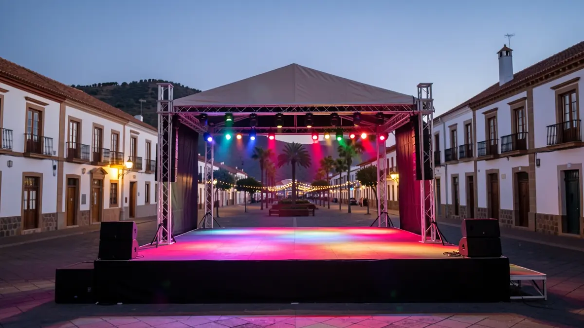 Outdoor gala stage in a Gáldar town square at sunset, with festive lights and local architecture.