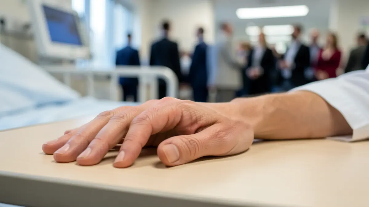 Close-up of a patient's hand on a hospital bedside table.