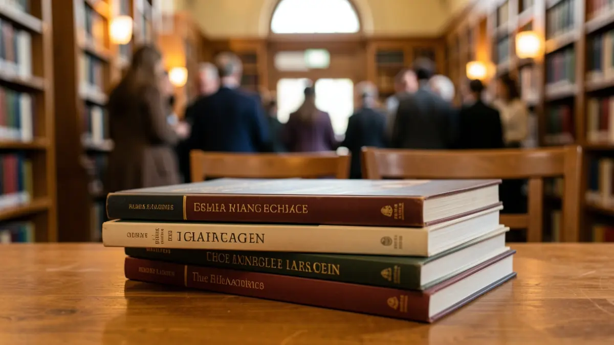 Generic image of academic books on a desk.