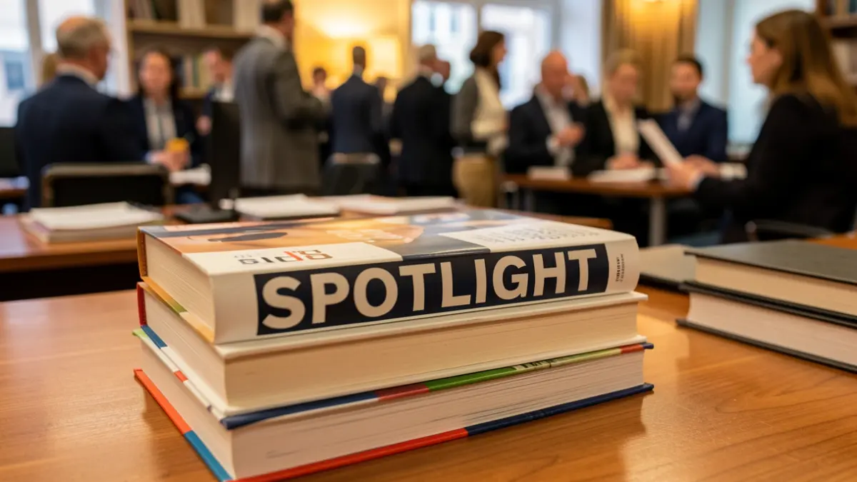 Close-up of a stack of books with the title 'Spotlight' visible, on a wooden desk, with a blurred office background.