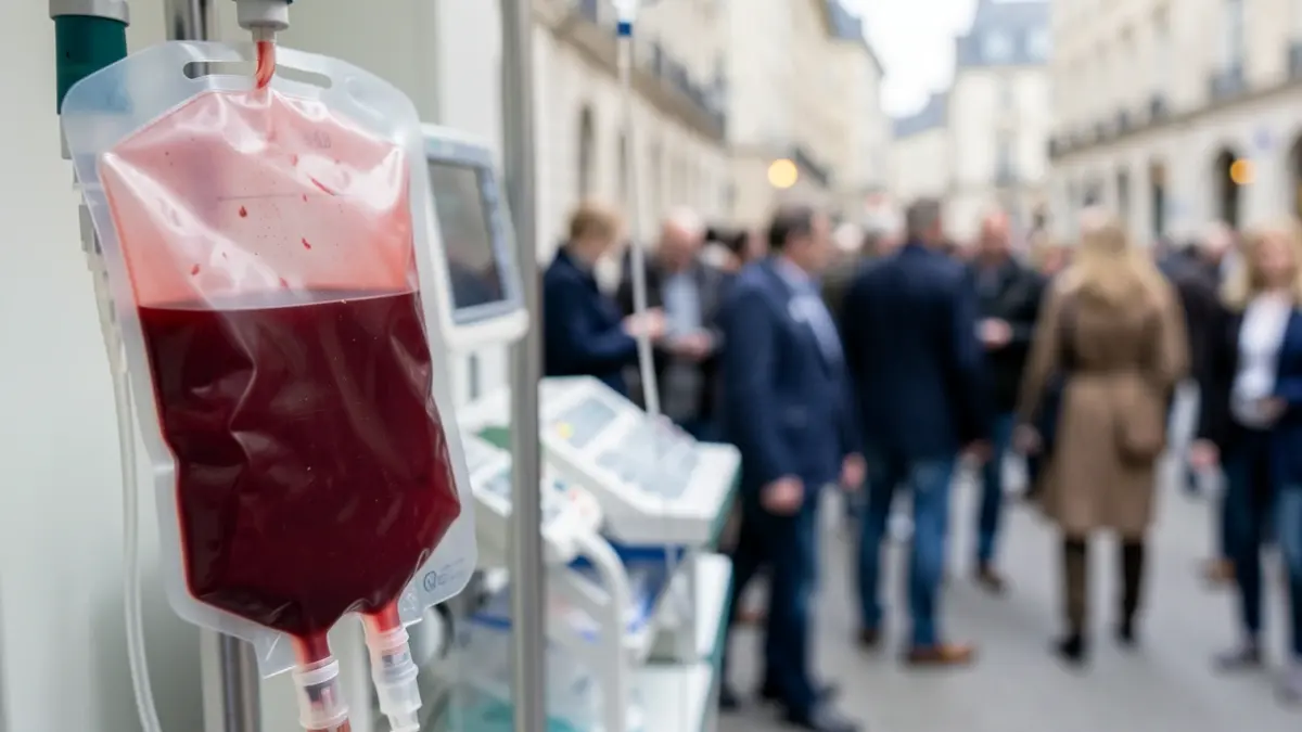 Blood bag with sterile medical equipment in the background.