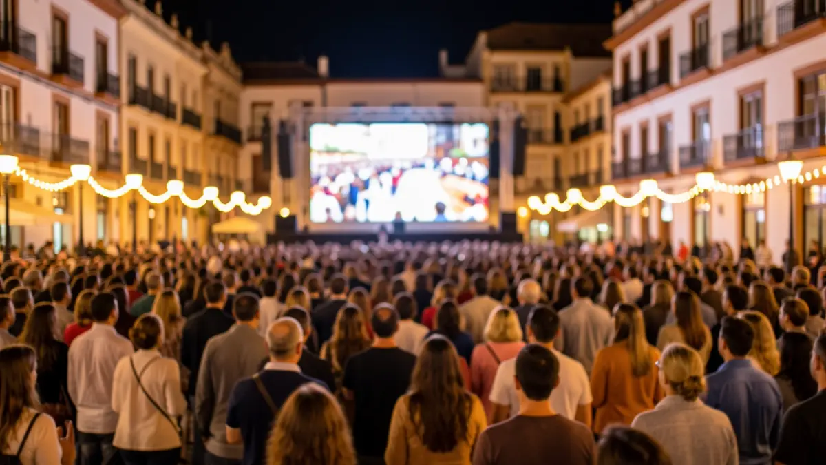 Imagen genérica de una multitud viendo un evento en pantalla gigante en una plaza de Canarias por la noche.