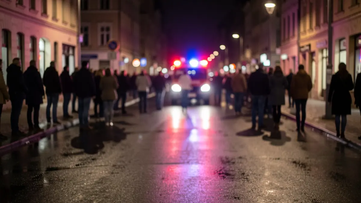Generic image of emergency lights reflecting on wet asphalt at night.