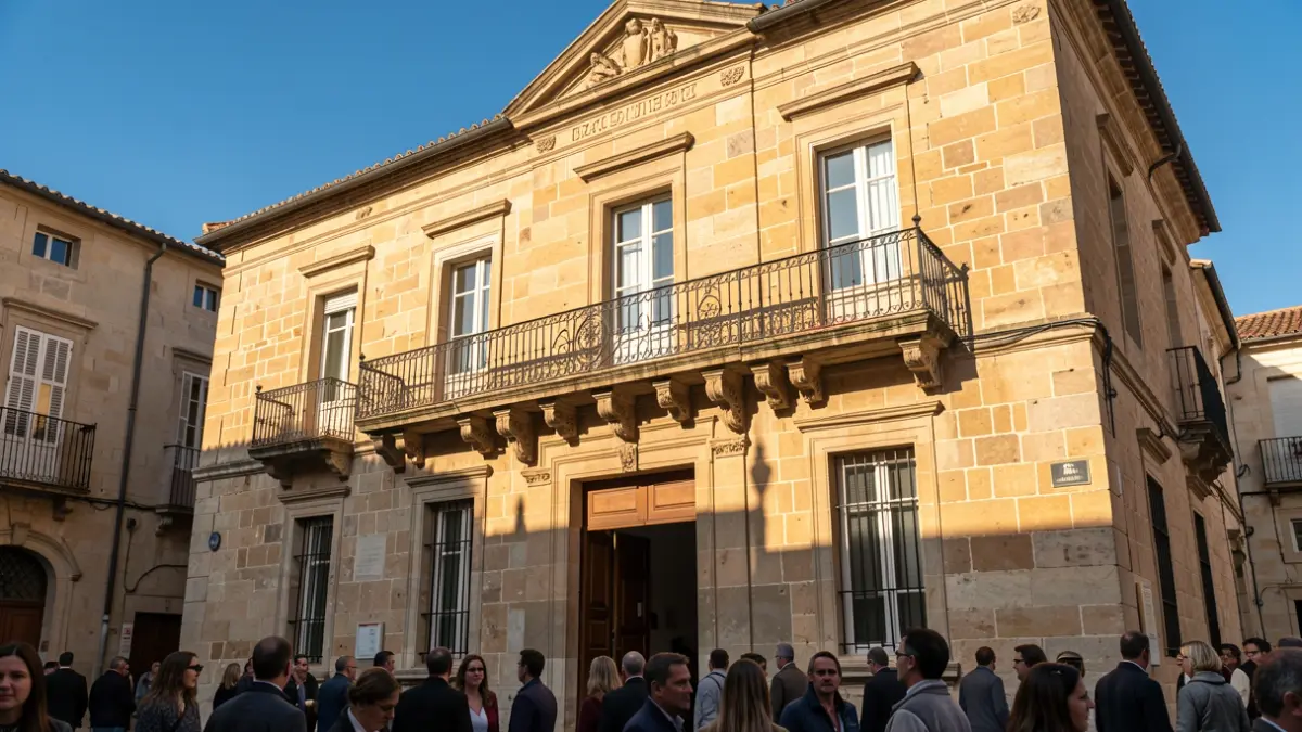 Fachada de un ayuntamiento tradicional de Canarias con balcón y barandillas de hierro, luz de sol de la tarde.