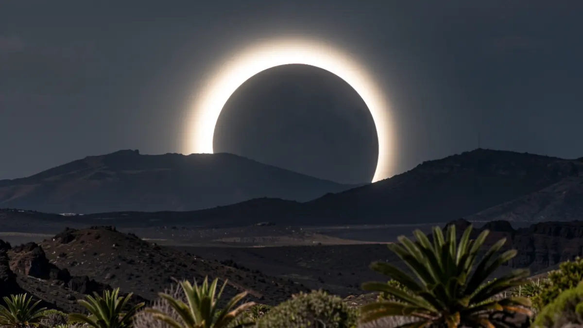 Eclipse total de Sol y casi total de Luna visible desde territorio nacional, con el paisaje volcánico de Canarias de fondo.