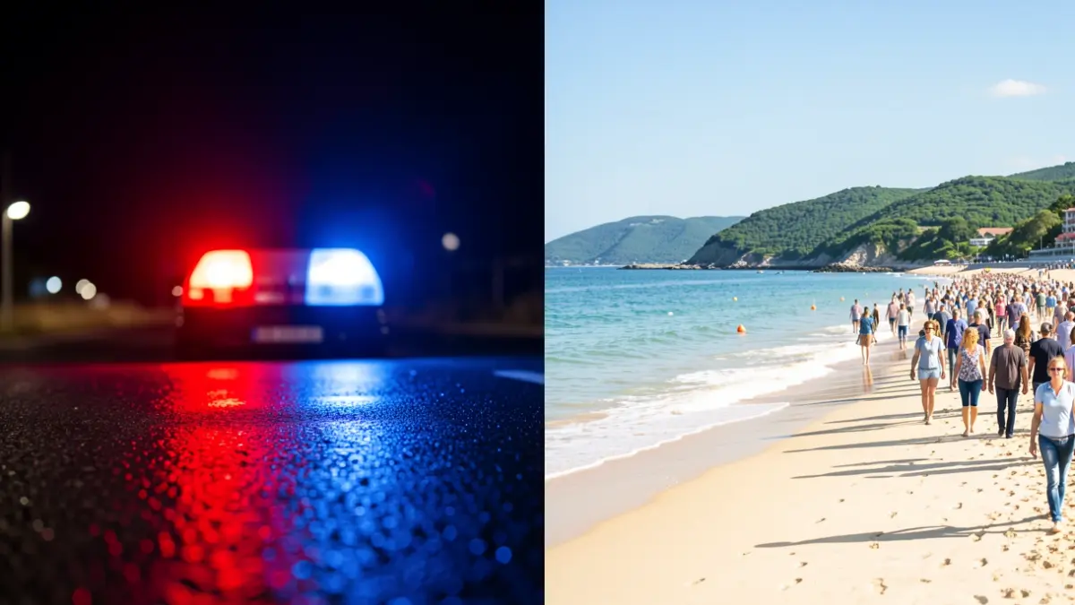 Imagen dividida: un lado muestra luces de emergencia borrosas sobre asfalto mojado, el otro una playa soleada con colinas verdes.