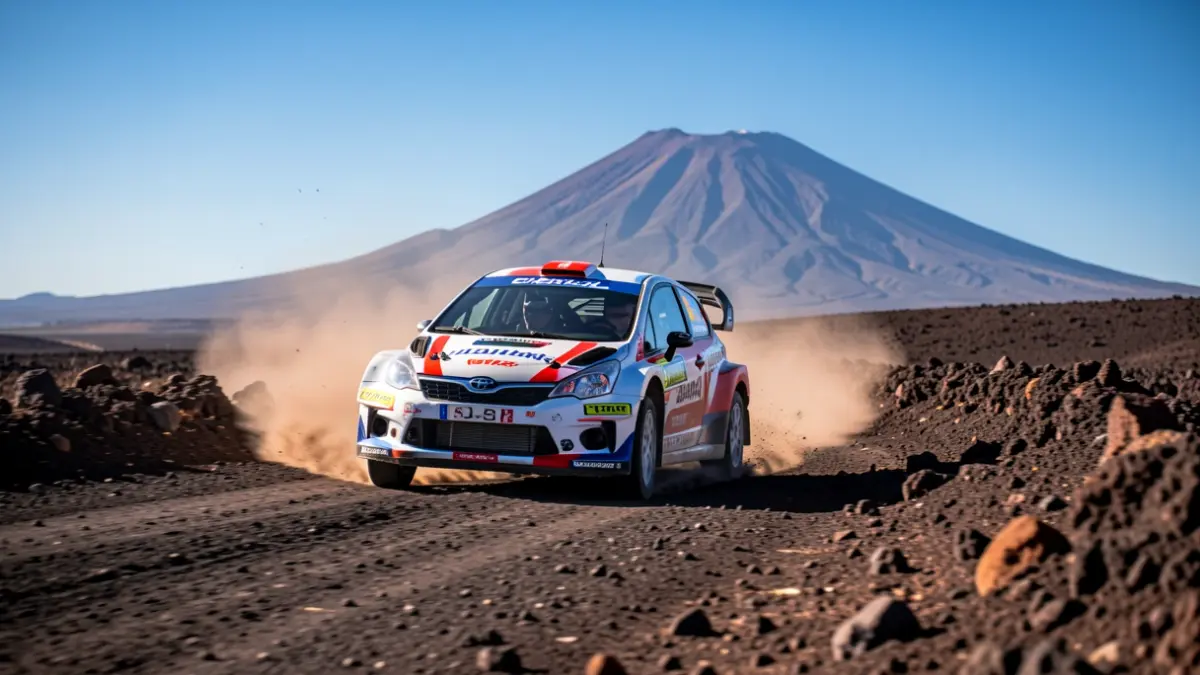 Un coche de rally compitiendo en una carretera volcánica de Lanzarote.