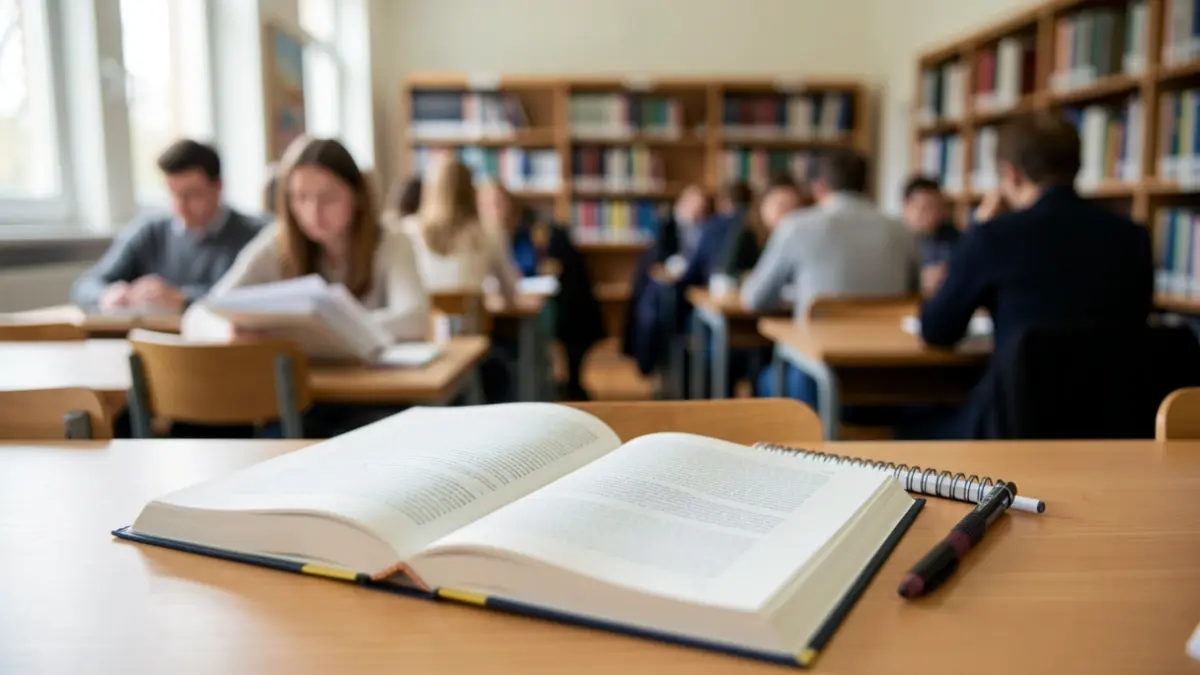 Imagen genérica de material escolar sobre un escritorio en un aula.