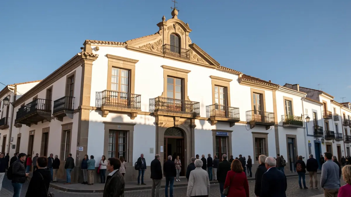 Fachada de un ayuntamiento canario tradicional con balcones ornamentados y barandillas de hierro, bajo la luz cálida de la tarde.