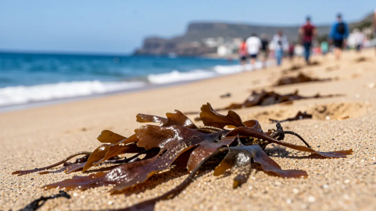 Invasive Asian seaweed Rugulopteryx okamurae accumulated on the beach of San Cristóbal, Las Palmas de Gran Canaria.