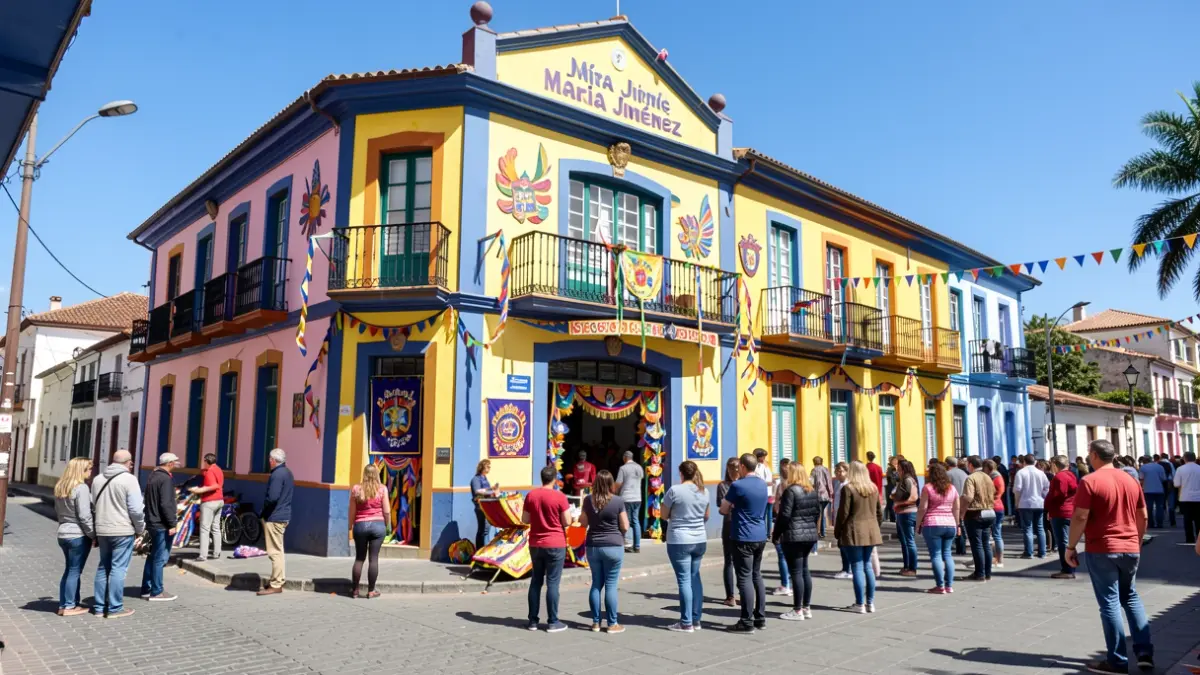 Fachada rehabilitada del antiguo colegio de María Jiménez, sede de la murga infantil Sofocados.