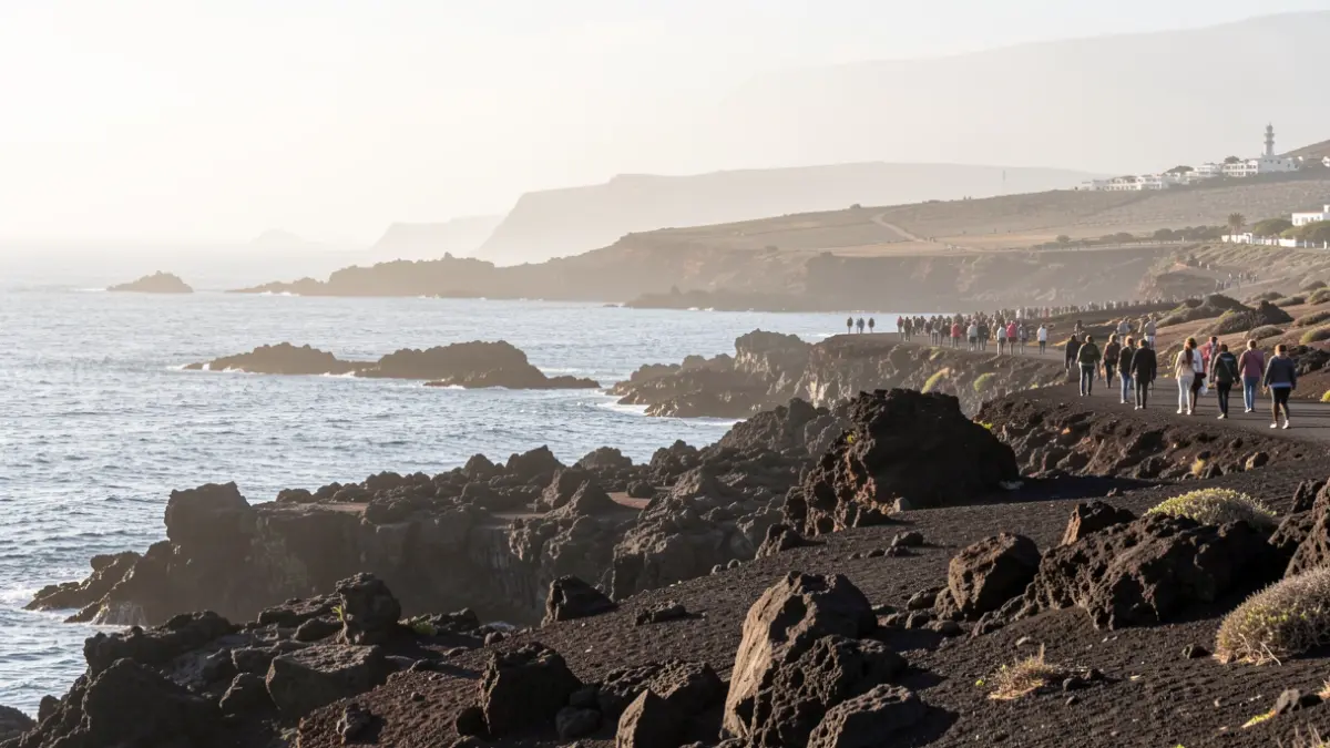 Volcanic coastal landscape in the Canary Islands under a light haze.