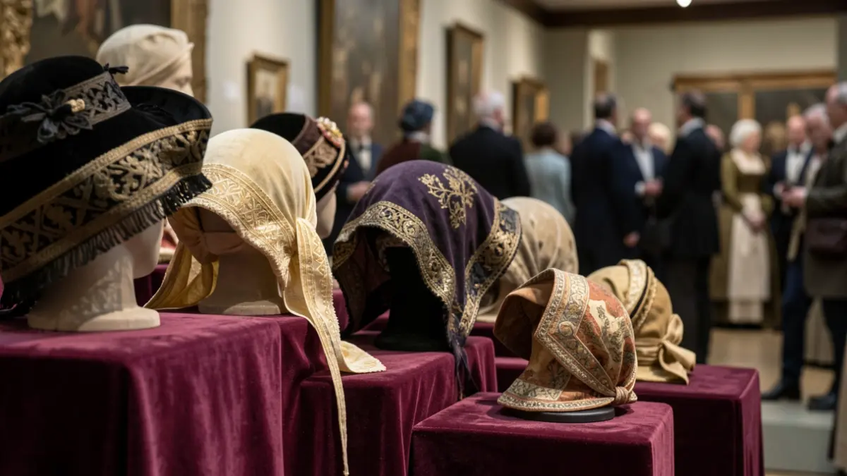 Close-up of various historical headwear pieces displayed on velvet stands in a museum.
