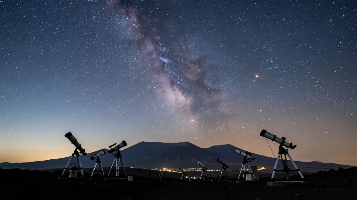 Cielo nocturno estrellado sobre un paisaje volcánico de Tenerife con telescopios.