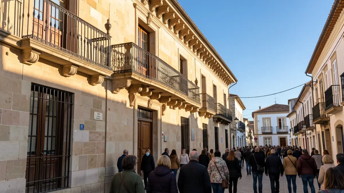 Fachada de piedra de un ayuntamiento canario con balcón y barandillas de hierro, luz cálida de la tarde.