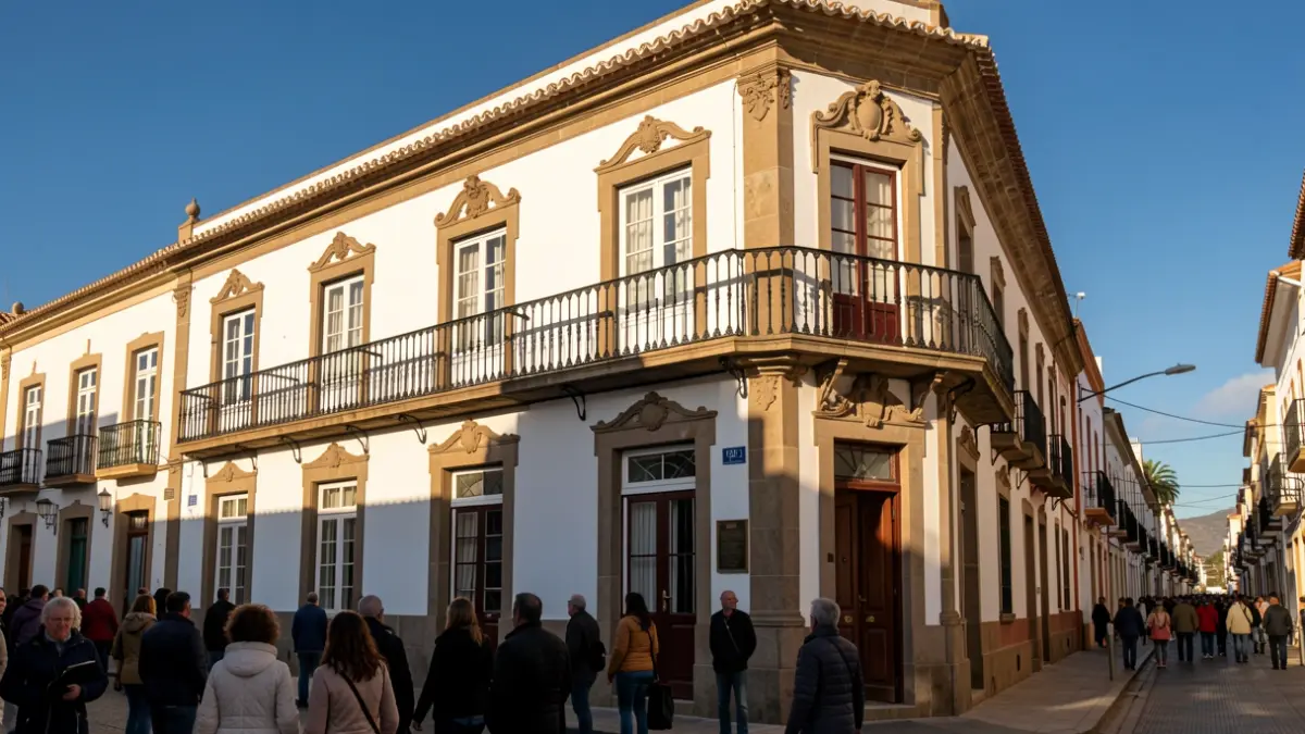 Fachada de un edificio tradicional canario con balcón y detalles ornamentados, luz cálida de la tarde.