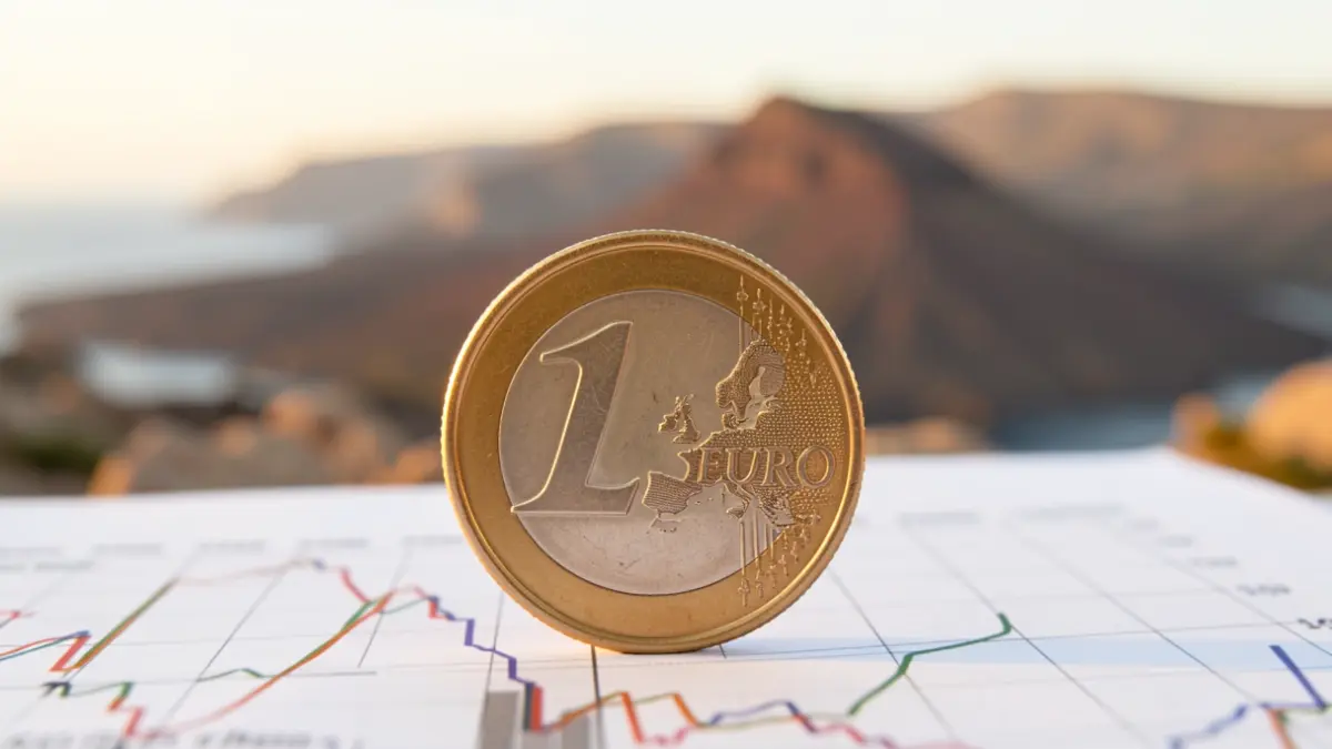 Generic image of a Euro coin on a financial chart with a Canary Islands volcanic landscape in the background.