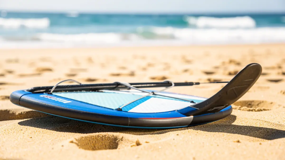 Wingfoil board on the beach sand during a sports competition.