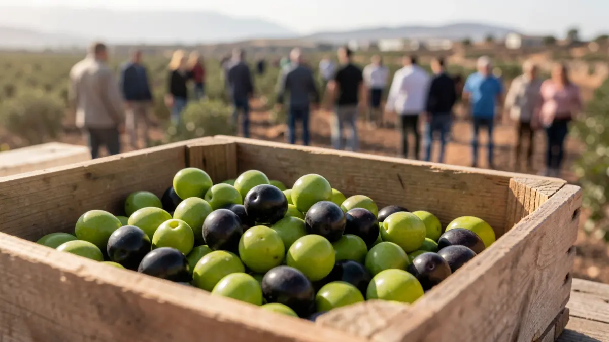 Generic image of fresh olives in a wooden crate for the harvest season.