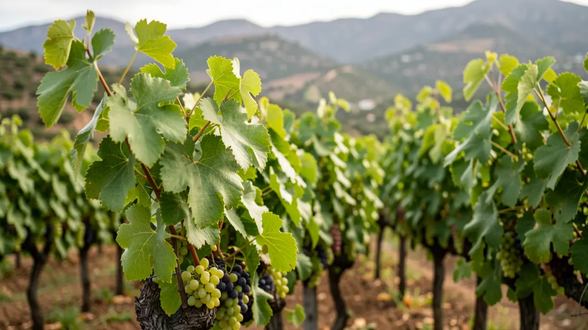 Viñedos sanos en Gran Canaria con racimos de uvas en desarrollo.