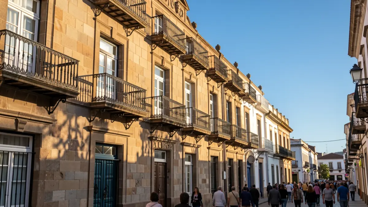 Stone facade of a historic building in Tenerife with wrought iron balconies under sunlight.