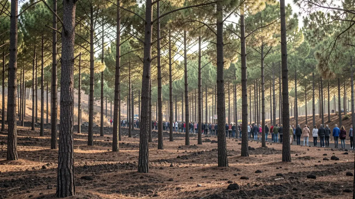 Paisaje forestal en Tenerife con suelo volcánico bajo luz natural.