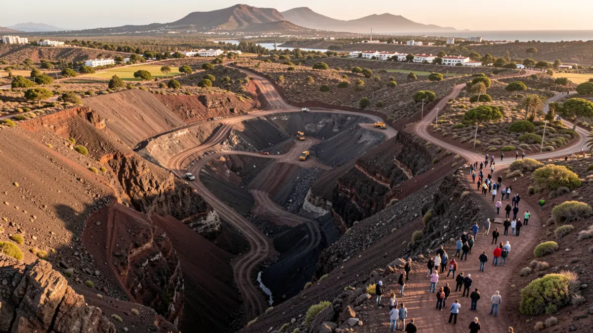 Vista aérea de un barranco volcánico en Gran Canaria con obras y movimientos de tierra.