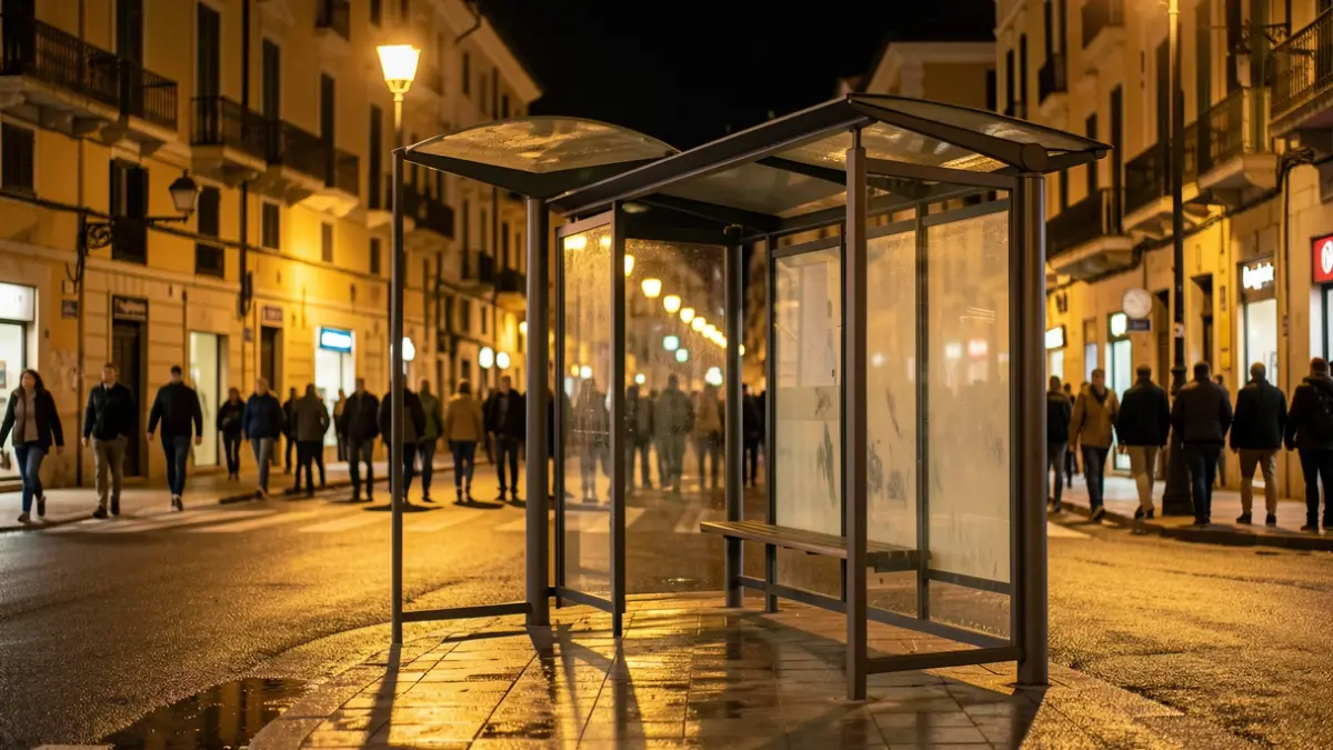 Imagen genérica de una parada de autobús vacía bajo luz artificial.