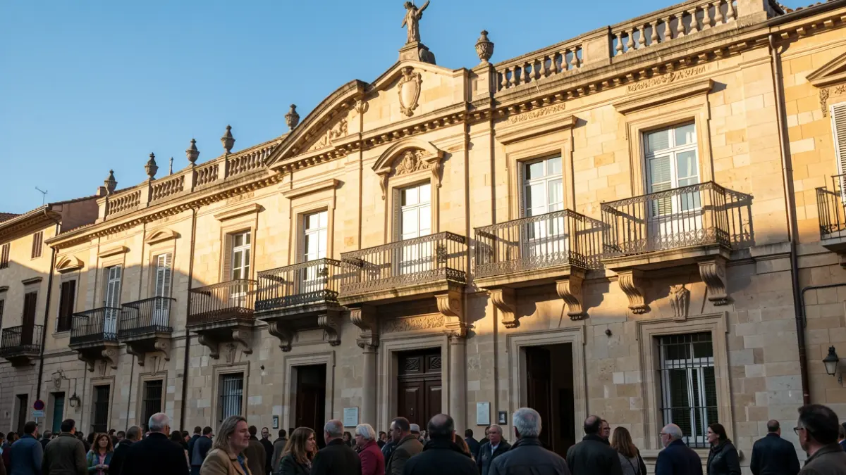 Fachada de un ayuntamiento histórico con balcones ornamentados y barandillas de hierro, bajo la luz del sol de la tarde.