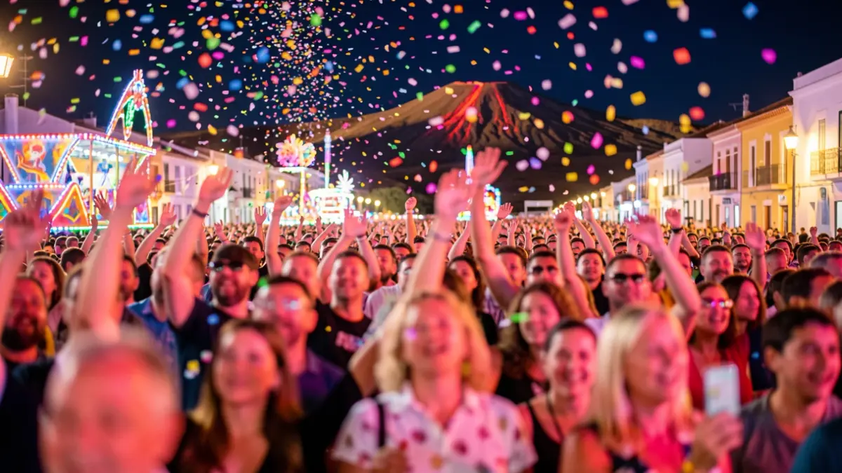Imagen genérica de una multitud celebrando un carnaval nocturno con luces y confeti.