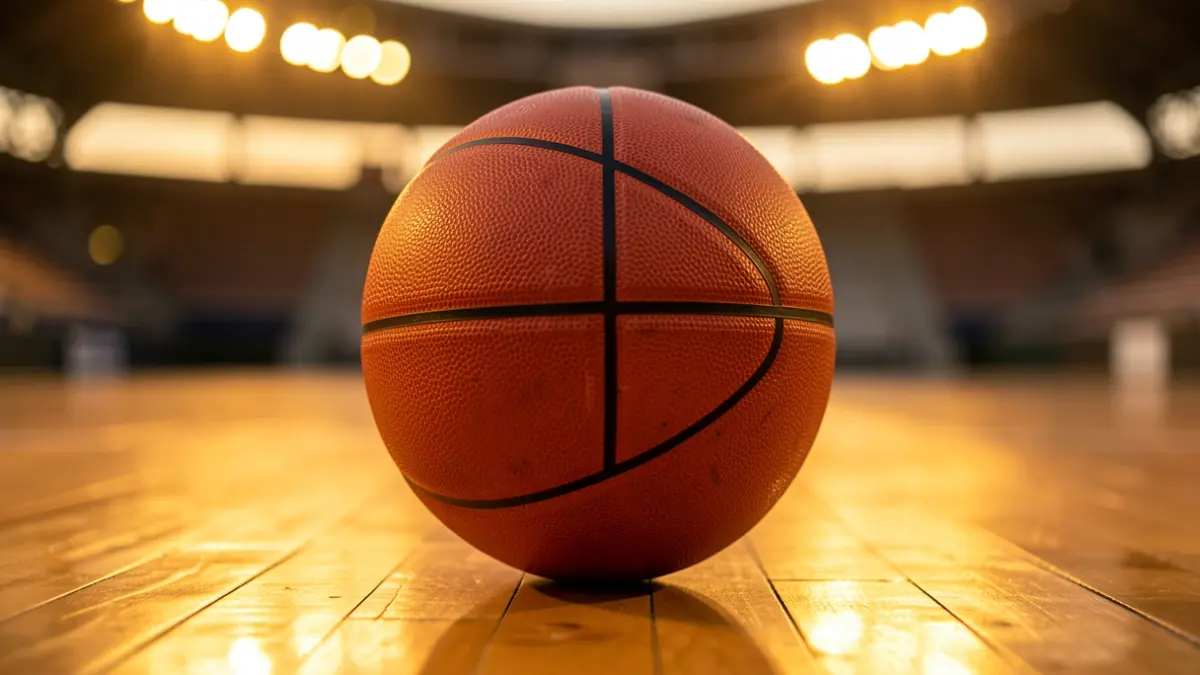 Generic image of a basketball on a professional court.