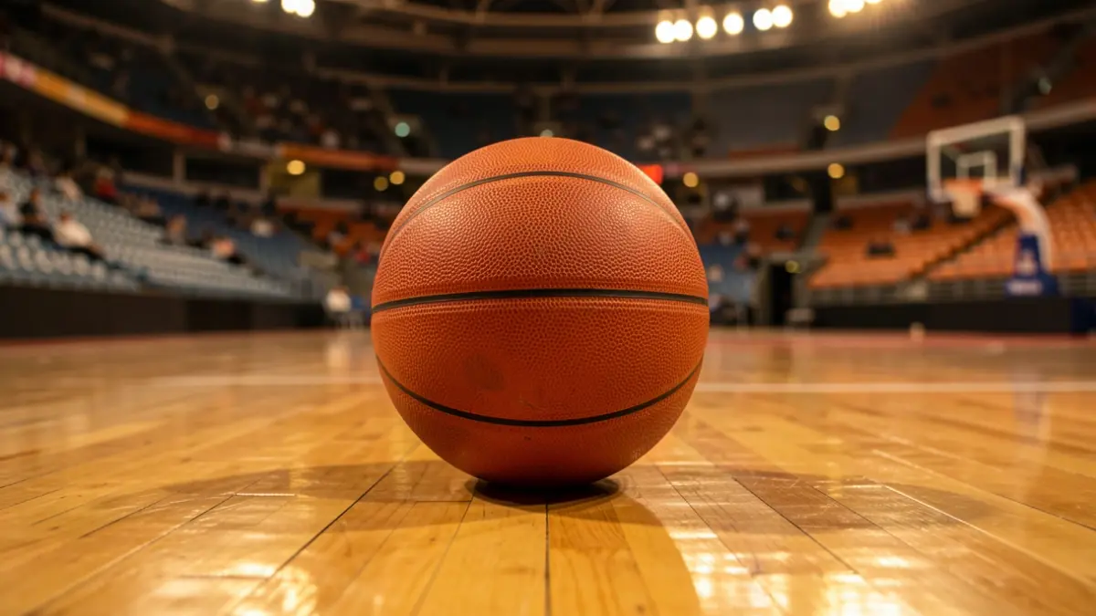 Imagen genérica de un balón de baloncesto sobre una cancha profesional.