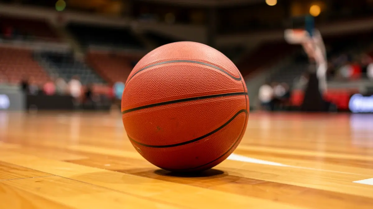 Generic image of a basketball on a wooden court.